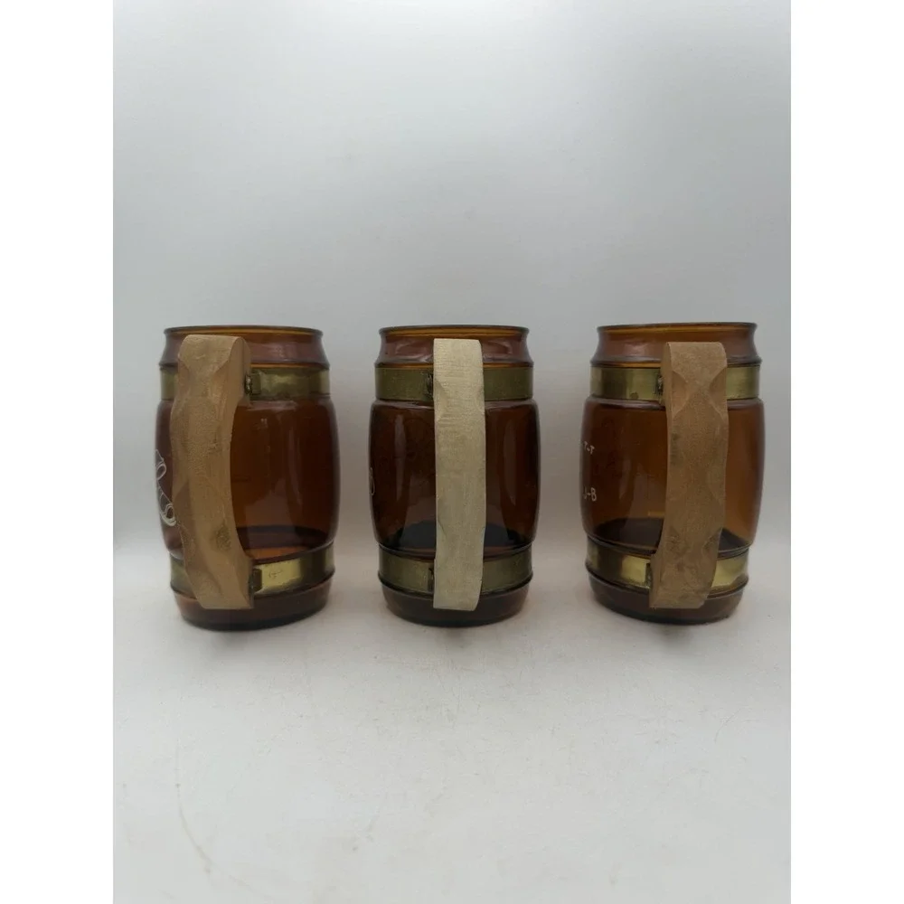 Vintage Siesta Ware Amber Glass Mugs Set 3 Wood Handles Brass Bands Etched